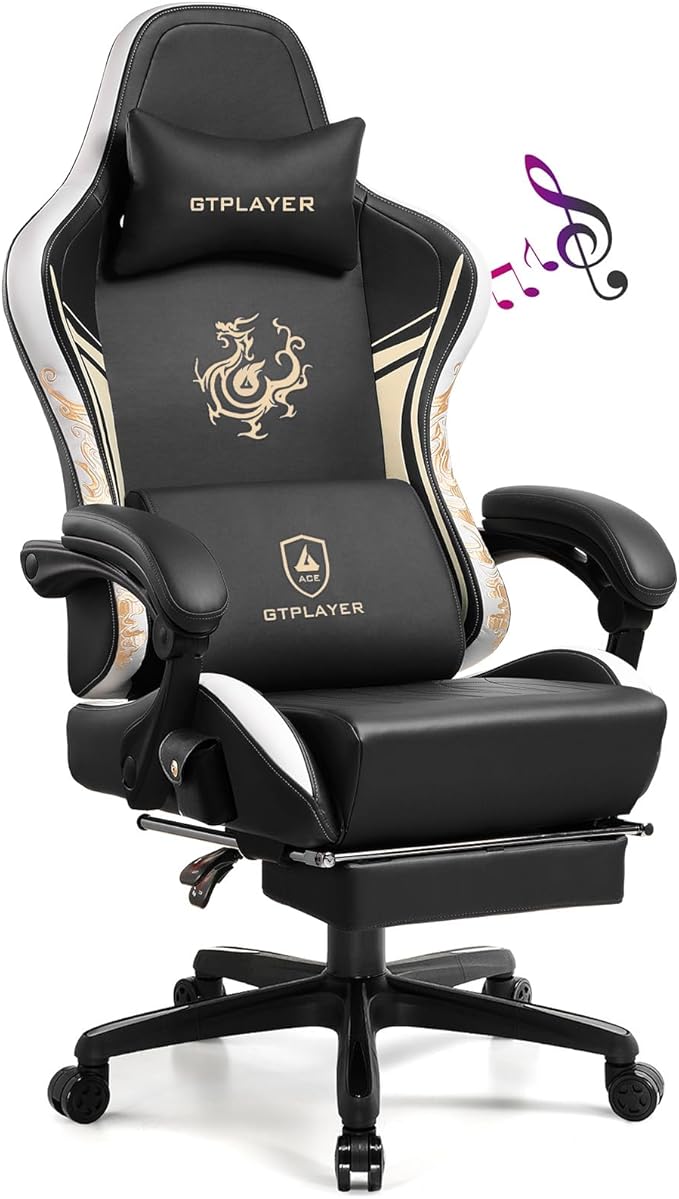 GTPLAYER Gaming Chair with Bluetooth Speakers and Footrest Dragon Series Video Game Chair Heavy Duty Ergonomic Esports Computer Office Chair (Blackwhite)