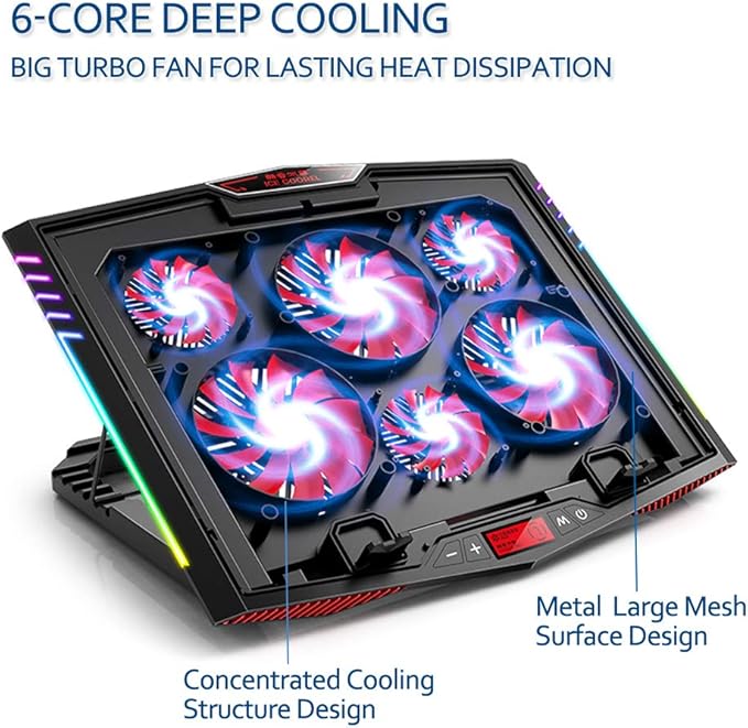 MeFee RGB Laptop Cooling Pad for 15.6-21 Inch Professional Gaming Laptop Cooler with 6 Quiet Fans and Button Control Pure Metal Panel Portable Cooler
