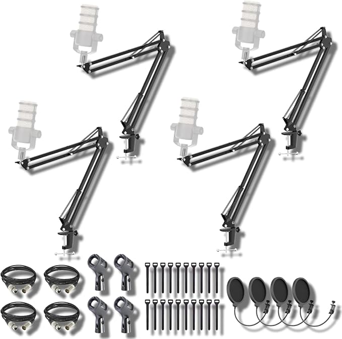StreamEye BOOMARM1 Boom Arm Mic Stand with Desktop Mount (Four-Pack) Detachable Clips Professional Grade XLR Cables Microphone Pop Filters and Cable Ties