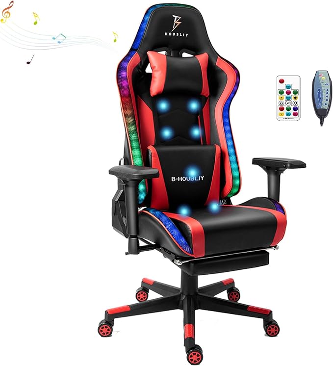 TBQATNTS 7-Point Massage Gaming Chair Video Gaming Chair with Speakers and LED/RGB Lights Ergonomic Computer Chair with Footrest and Lumbar Support 180 Degree Tilt High Back Office ChairRed