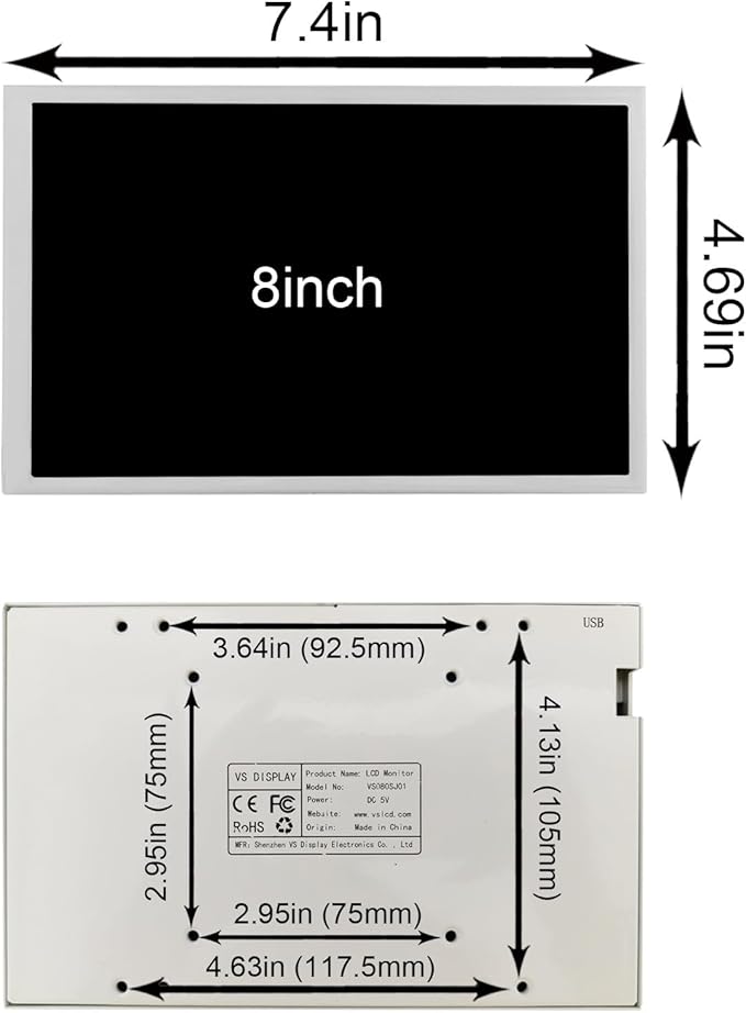 VSDISPLAY 8 Inch 1280x800 IPS LCD Monitor Portable Small Display Supports Theme Edit for PC Case CPU GPU RAM Data Monitoring Secondary ScreenWhite