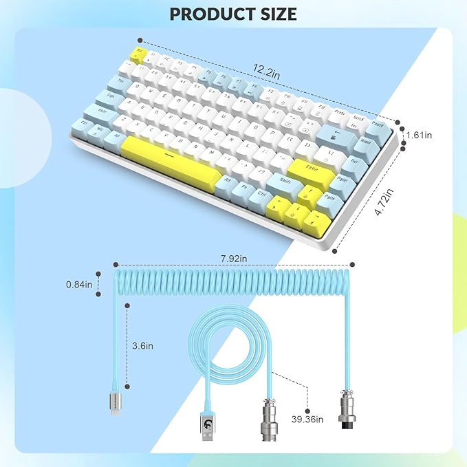 K84 75% Mechanical Gaming Keyboard84 Keys TKL Layout Compact KeyboardHot Swappable18 LED BacklitAnti-ghostingwith Pro Coiled USB-C CableErgonomicPortablefor PCMac (LemonRed Switch)