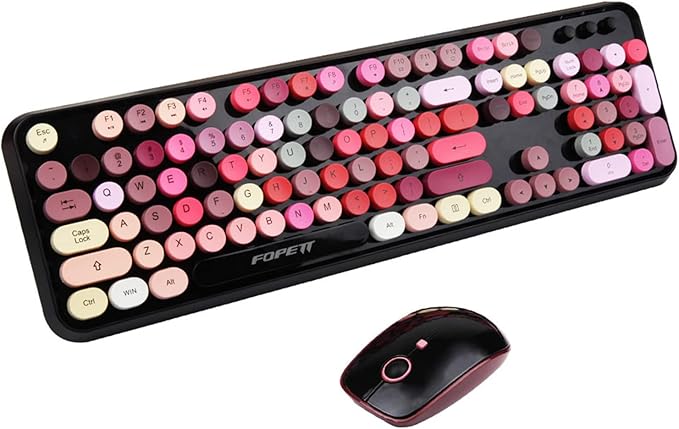 Wireless Keyboard and Mouse Combo 2.4 GHz Full-Sized Typewriter Keyboard and Mouse Wireless with Round Keycaps for Windows Computer Desktop PC Laptop (New BlackColorful)