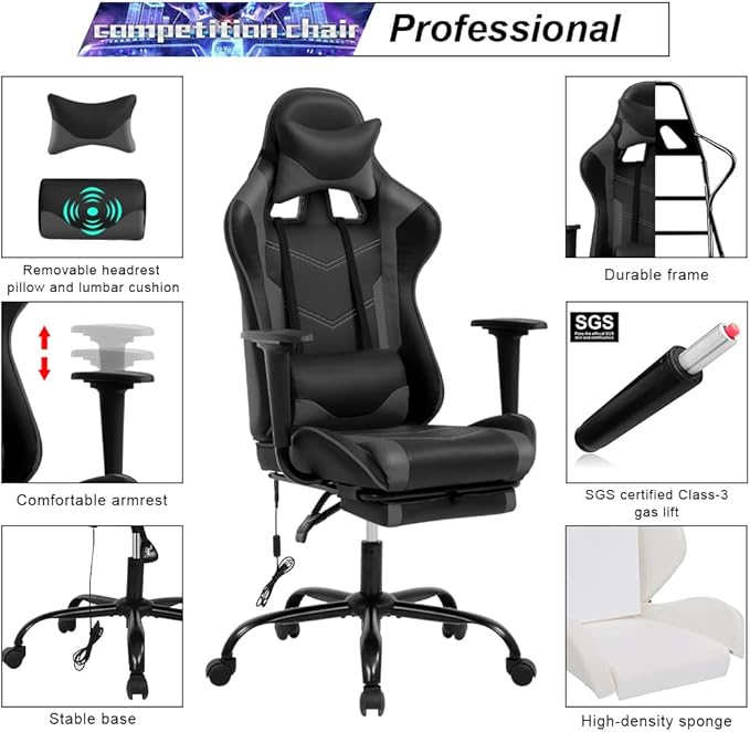 Gaming Chair with Massage &amp Footrest - Ergonomic Racing Office Chair for Adults Women Gamers - Adjustable Reclining PC Gaming and Home Office Desk Chair with Lumbar Support Grey