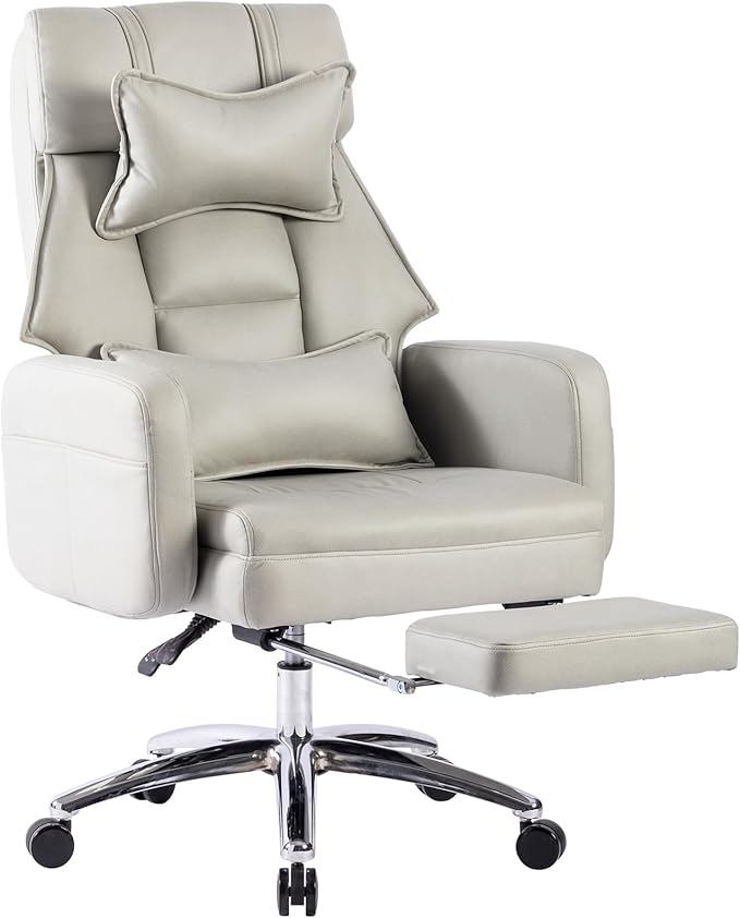 Video Game Desk ChairSwivel Ergonomic Office Chairwith Footrest and Comfy Lumbar SupportPU Leather Recliner with HeadrestFixed Up ArmrestHeight Adjustable with 360°Swivelfor Adults (Light Grey)