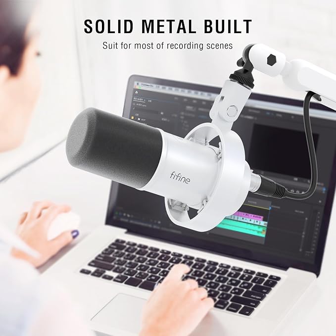 FIFINE Podcast Microphone with XLR Cable and Low Profile Arm Boom Set XLR Recording PC Mic Quick Mute &amp 9.8ft Balanced 3 PIN XLR Male to Female Cable and Metal Boom Arm-K688W+BM88W+L9W