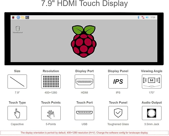 Waveshare Capacitive Touch Screen LCD 400*1280 Pixels Monitor HDMI Interface IPS Display Panel Support Raspberry Pi/Jetson Nano/PC/Windows 10/Raspbian/Ubuntu/Kali/WIN10 IoT/Retropie @TOP1 7.9inch