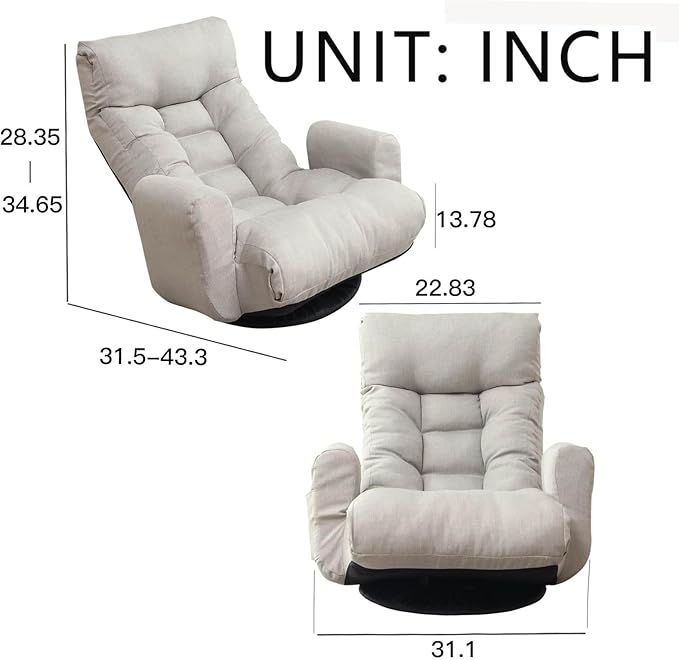 360° Swivel Gaming Floor Chair Linen Folding Lounge Chair 14 Position Adjustable Folding Sofa Chair with Armrests Cushion Padded Indoor Chaise Lounge Rocker for Teens &amp Adults (Linen Gray)