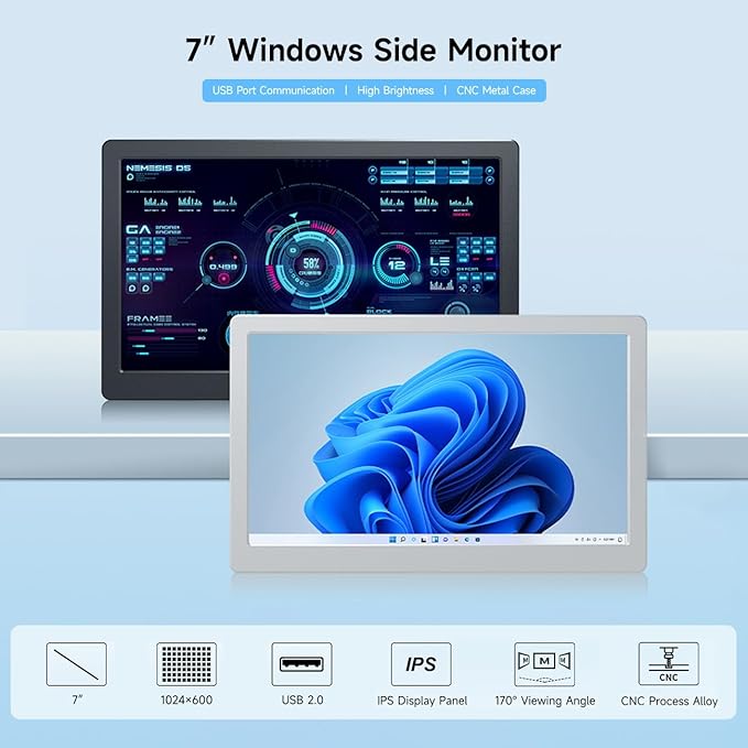 Waveshare 7inch IPS Side Monitor Extended Monitor Windows 7/8/10/11 1024x600 IPS Display Panel Supports Horizontal and Vertical Flip Up to 170° Viewing Angle USB One-Cable Connection Silver