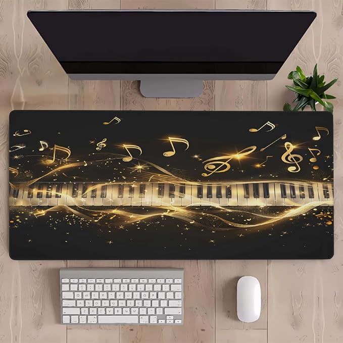 Gold Piano Music Note Large Mouse Pad Gaming Mousepad Desk Mat for Desktop Computer Keyboard Waterproof Mouse Mat Desk Pad with Non-Slip Base for Game School Office Home 35.4 x 15.7