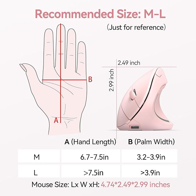 TECKNET Ergonomic Mouse Wireless Rechargeable Mouse Silent for Carpal Tunnel Right Hand 2.4GHz USB Vertical Mouse Wireless for Laptop 5 Adjustable 4800 DPI Computer MacBook Desktop
