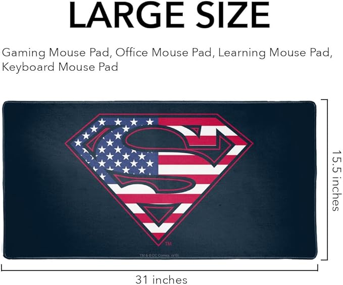 Superman USA American Flag Shield Logo Large Gaming Mouse Pad Desk Mat with Stitched Edges Non-Slip Base for Gamer Home and Office 31.5 x 15.7