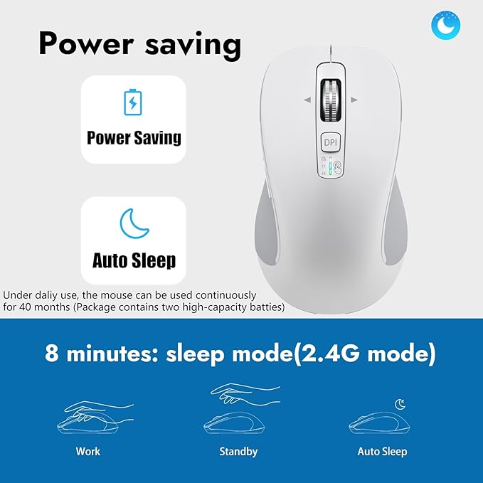 Wireless Bluetooth Mouse (USB + BT1 + BT2) Full Size 4-Way Scrolling Multi-Device Silent Mouse for Computer Laptop iPad MacBook (White)