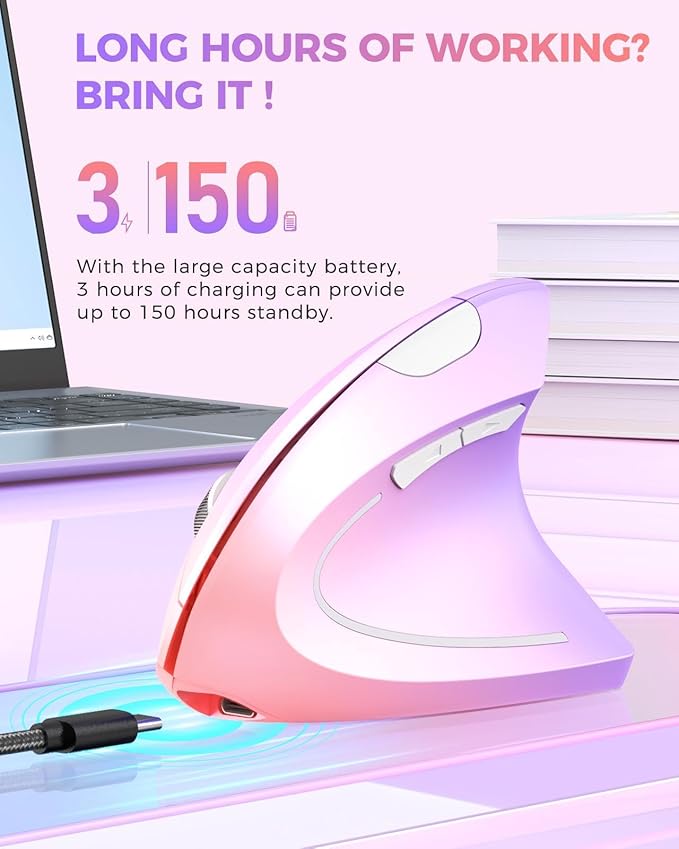 Lekvey Ergonomic Mouse Vertical Wireless Mouse Rechargeable 2.4 GHz Optical Carpal Tunnel Mouse : 800/1200/1600 DPI 6 Buttons for Laptop PC Mac Computer Desktop Notebook etc Pink to Purple