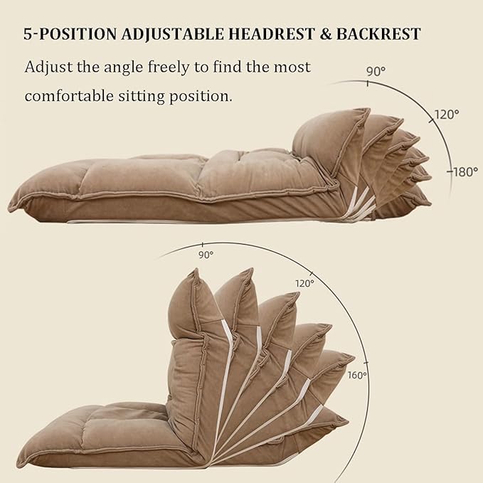 ELEFOCUS Bedroom Gaming Floor Chairs for Adults Folding Lazy Sofa Chair with 5-Position Adjustable Headrest Backrest Foldable Chaise(Beige)