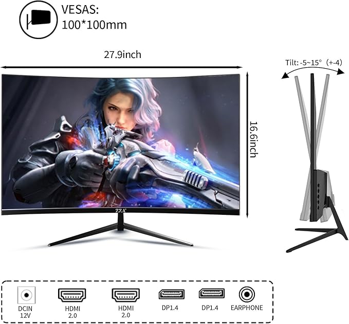 ZZA 32 4K Curved Gaming Monitor - UHD（3840 * 2160） 60Hz Computer Monitor Immersive Gaming Experience with Refresh Rate VA Panel 3000R and Adptsync Premium | HDR10 | 100% sRGB | 3840x2160