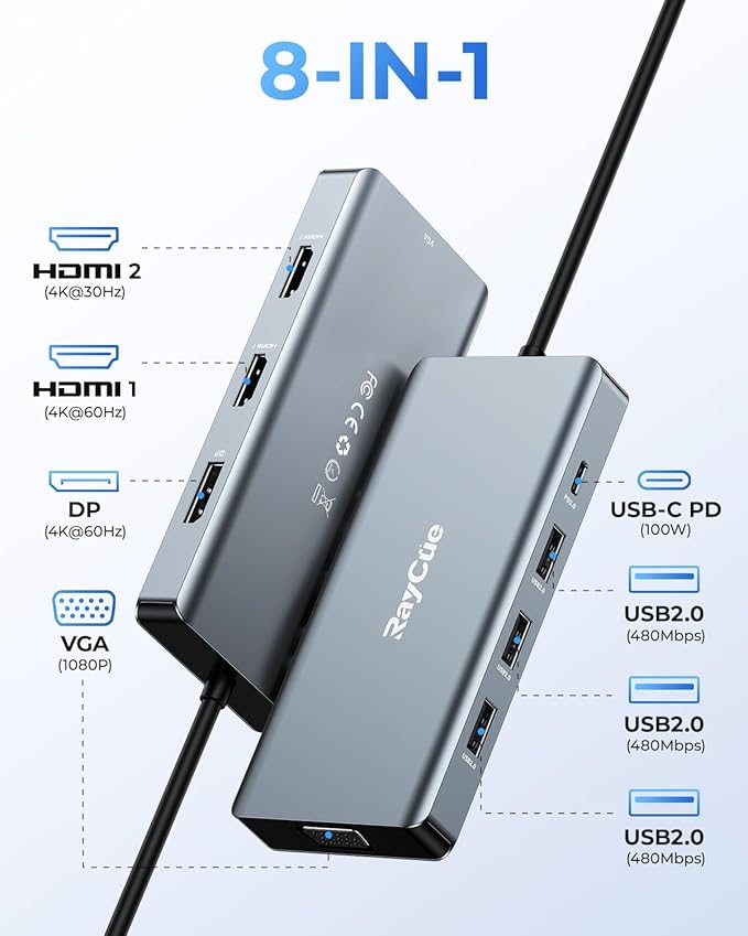 USB C Docking Station Dual Monitor Adapter 8 in 1 Laptop Docking Station 3 Monitors Quadruple Display USB C Hub Dongle to 4K HDMI+DP+VGA