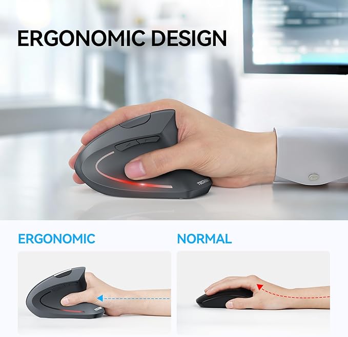 TECKNET Ergonomic Mouse Wireless Bluetooth Vertical Mouse 4800 DPI Optical Tracking 6 Adjustable DPI Quiet Clicks 2.4GHz with USB A Receiver 12 Months Battery 6 Buttons Wide Compatibility