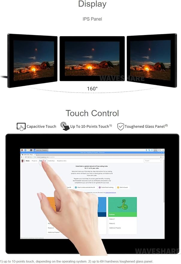 waveshare 10.1inch HD Capacitive Touch Screen LCD Compatible with Raspberry Pi 4B/3B+/3A+/2B/B+/A+/Zero/Zero W/WH/Zero 2W CM3+/4 1920×1200 Resolution HDMI IPS Supports Windows/Jetson Nano