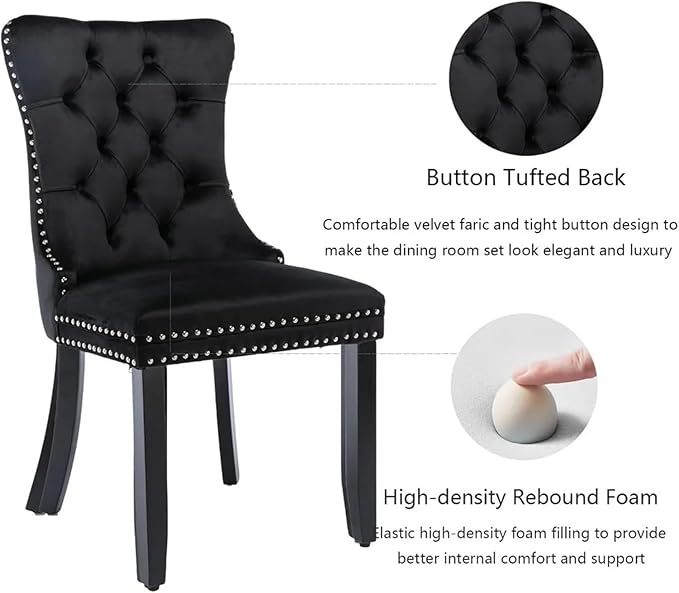 Adjustable Office Computer Chair with Armrest 1pcs Black Velvet Upholstered Dining Chairs with Ring Pull Trim and Solid Wood Legs