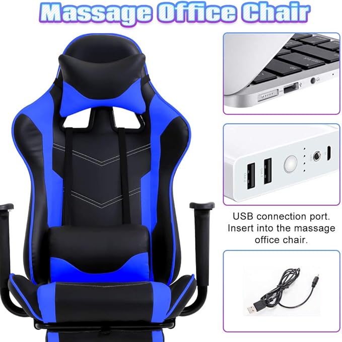 Gaming Chair with Footrest Massage Lumbar Support Ergonomic Racing Office Chair 360 Swivel PC Computer Desk Chair Adjustable Headrest and Arms Blue