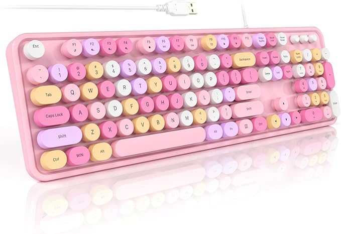 Colorful Computer Keyboards Wired USB Plug and Play Full Size Typewriter Keyboard Cute Aesthetic Keyboard with Foldable Stands for Windows PC Laptop (Pink)