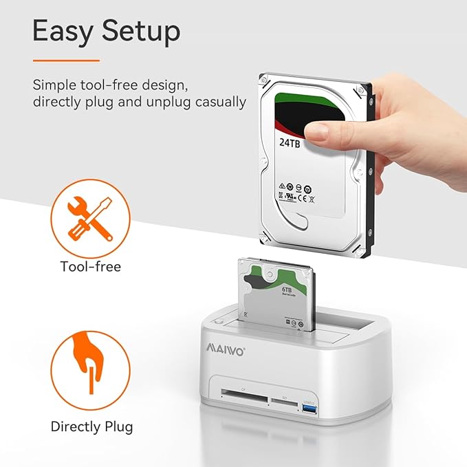 MAIWO SATA to USB 3.0 Dual-Bay Hard Drive Docking Station with Offline Clone for 2.5 &amp 3.5-inch HDD/SSD Hard Drive Dock with CF/SD Card Reader Support 2*24TB White