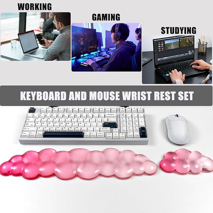 Ergonomic Cloud Silicone Gel Keyboard and Mouse Wrist Rest Set – Clear Wrist Rest for Computer Keyboard 60%/68%/75% Comfort &amp Support for Typing and Gaming (White Pink)