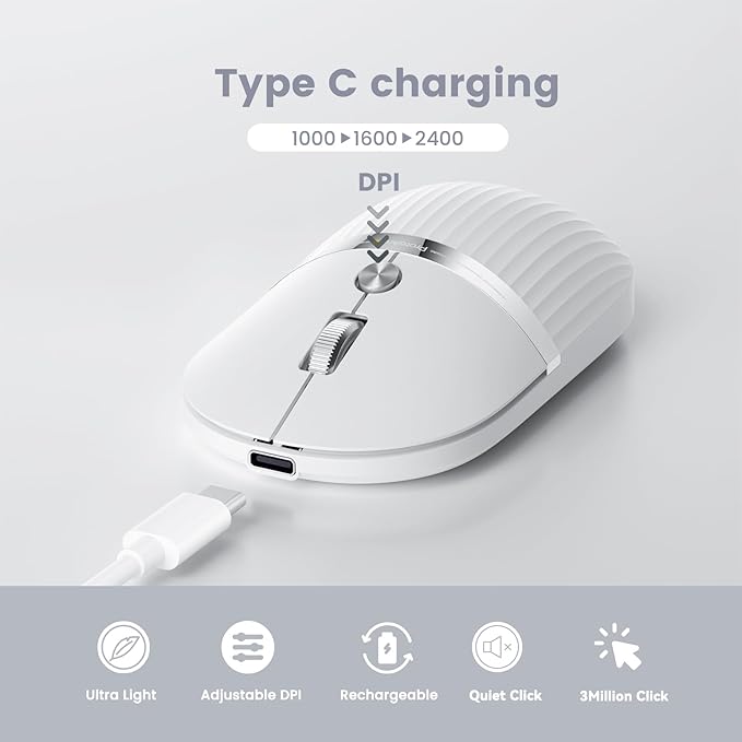ProtoArc USB C Wireless Bluetooth Mouse Multi-Device HubMouse for Business and Travel with Type C Hub Portable -White