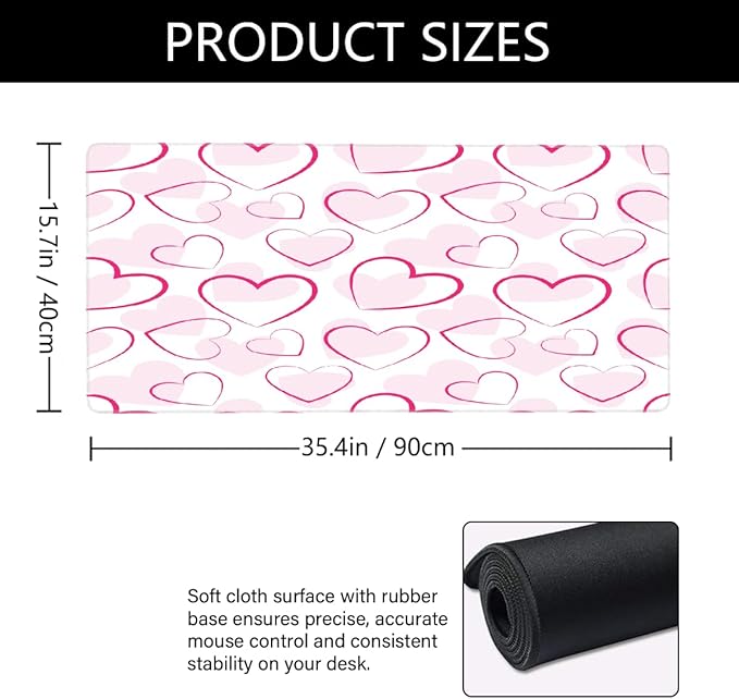 Large Mouse Mat Pink Valentine Love Computer Mousepad with Non-Slip Rubber Base Waterproof Mouse Pad Desktop Keyboard Pad for GamerHome School Laptop Office Accessories35.4x15.7 in