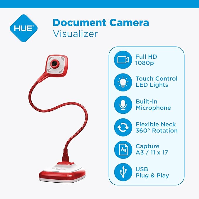 HUE HD Pro Flexible USB 11x17 Document Camera and Classroom Visualizer for Teachers: Built-in Microphone/Lights Windows macOS Chromebook Compatibility (Red Camera)