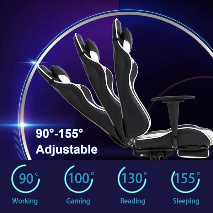 Gaming Chair with Footrest and Lumbar Support Height Adjustable Reclining 360 Swivel for Adults White