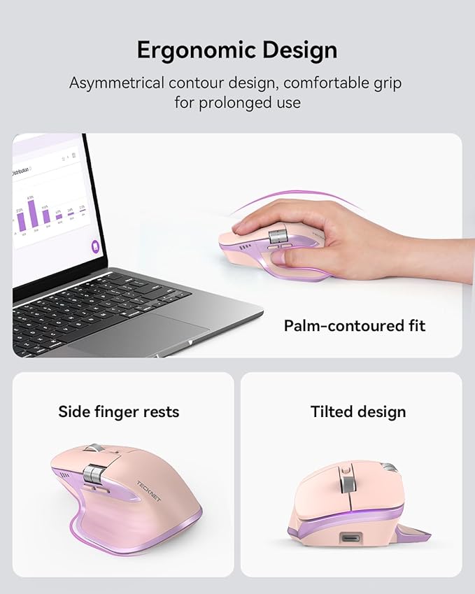 TECKNET Wireless Mouse Bluetooth Mouse (BT5.3/5.0 &amp 2.4G) Rechargeable Ergonomic Optical Mouse with 6 Adjustable DPI Side Scroll USB A Receiver 7 Buttons Wide Compatibility - Pink &amp Purpl