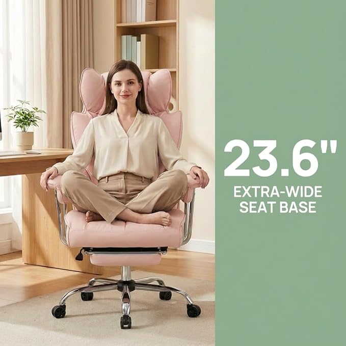 Big and Tall Office Chair 400lbs - Heavy Duty Executive Desk Chair with Footrest High Back PU Leather Ergonomic Computer Chair with Extra Wide Seat &amp Thick Cushion for Home Office (Pink)