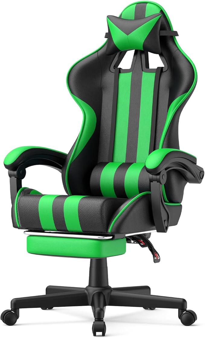 Huracan Gaming Chair with Footrest Adjustable Video Game Computer Chairs for Adults Reclining Backrest Office Desk Chair with Headrest and Lumba Pillow Green
