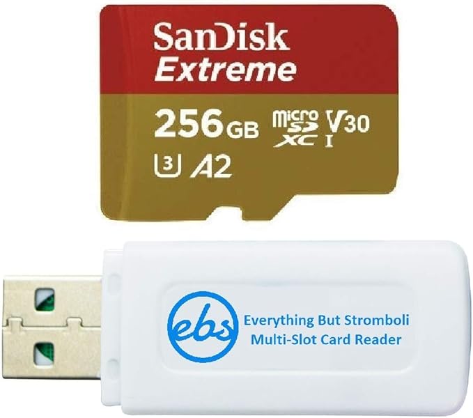 SanDisk Micro SD 256GB Extreme UHS-I Memory Card Compatible with Samsung Galaxy A24 A14 5G A54 5G A34 5G Model Phones SDSQXAV-256G-GN6MN - Bundle with 1 Everything But Stromboli MicroSDXC Reader