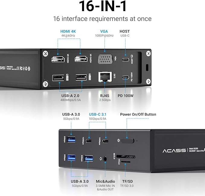 ACASIS USB C Docking Station Dual Monitor16-in-1 Laptpop Docking Station with 2* HDMIVGA2.5G EthernetSD/TF10Gbps USB-C 3.13.5mm AudioPD100WUSBC Hub for Dell/Lenovo/HP/ThinkPad (Black)
