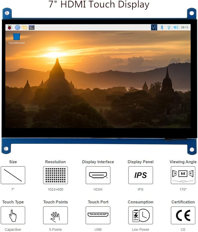 waveshare 7inch HDMI LCD IPS Capacitive Touch Screen 1024×600 Display Monitor Compatible with Raspberry Pi 5/4B/3B+/3B/Pi Zero W/Zero 2W/Pico/Pico W/Pico 2/Pico 2WJetson Nano/Win10/8/7etc.