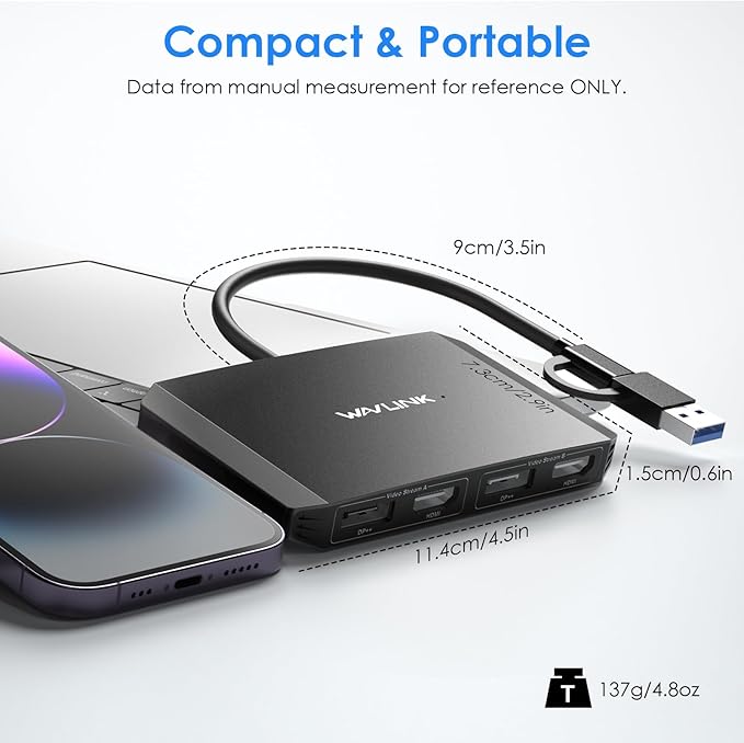 WAVLINK USB C and USB 3.0 to Dual 4K DisplayPort/HDMI Adapter Displaylink Monitor Splitter Extended Display for Dual Monitor 4K@60Hz HDMI/DP Splitter Compatible with Mac M1-M4Window Laptop-Black