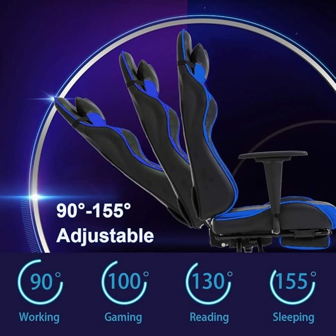 Gaming Chair With Footrest and Lumbar Support Height Adjustable High Back Reclining Computer Chair for Adults - 360-Swivel Blue
