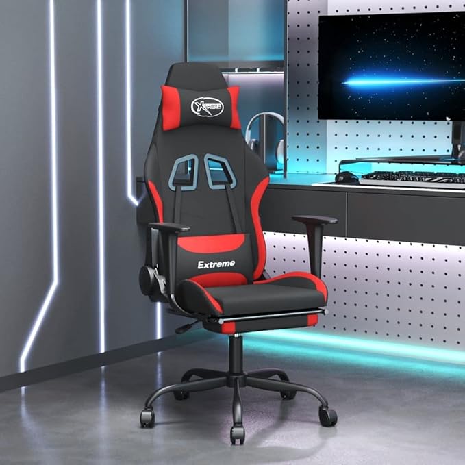 Massage Office Gaming Chair with Footrest Fabric Massage Office Chair Ergonomic Desk Chair Rolling Swivel Adjustable PC Computer Chair for Women Adults Girls(Black&ampRed)