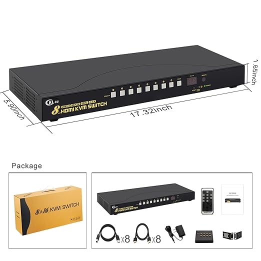 CKLau 8 Port USB 3.0 Rack Mount HDMI KVM Switch 4K60Hz with Audio 2 pcs USB 3.0 Hub and Cables Supports Keyboard Mouse Switching
