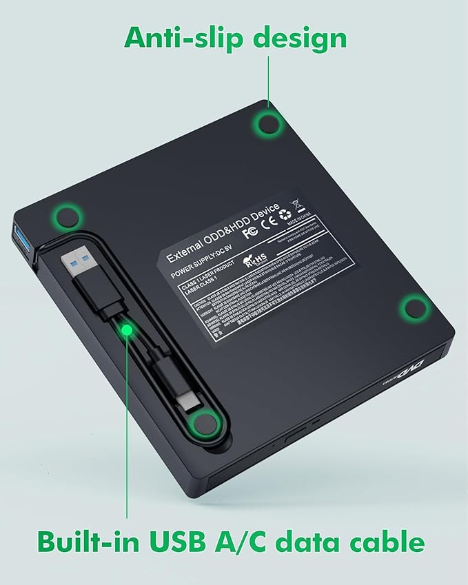 PeroBuno External CD DVD Drive USB 3.0 Optical Disc Drive 4 USB Ports and 2 TF/SD Card Slots CD DVD Burner Writer Reader Player for Laptop MacBook iMac Desktop PC Windows 11/10/8/7/XP Linux Mac OS