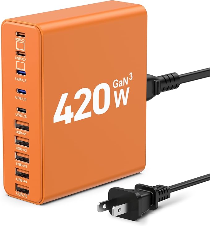 420W USB C Charger Block10-Port Charging Station GaN Fast Charging Type C &amp USB A Wall Charger Adapter for MacBook Pro/AiriPhoneiPadDell XPSSamsung Galaxy(Orange)