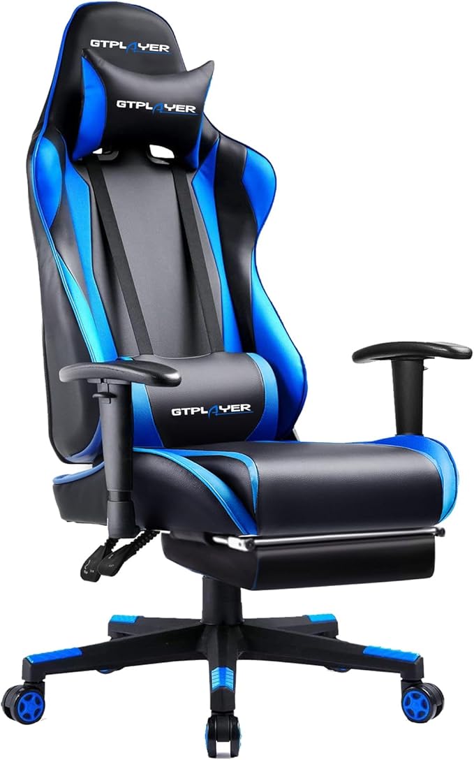 GTPLAYER Gaming Chair with Footrest Ergonomic Computer Game Desk Chair Reclining Gamer Chair Seat Height Adjustment Swivel Rocker with Headrest and Lumbar (Blue)