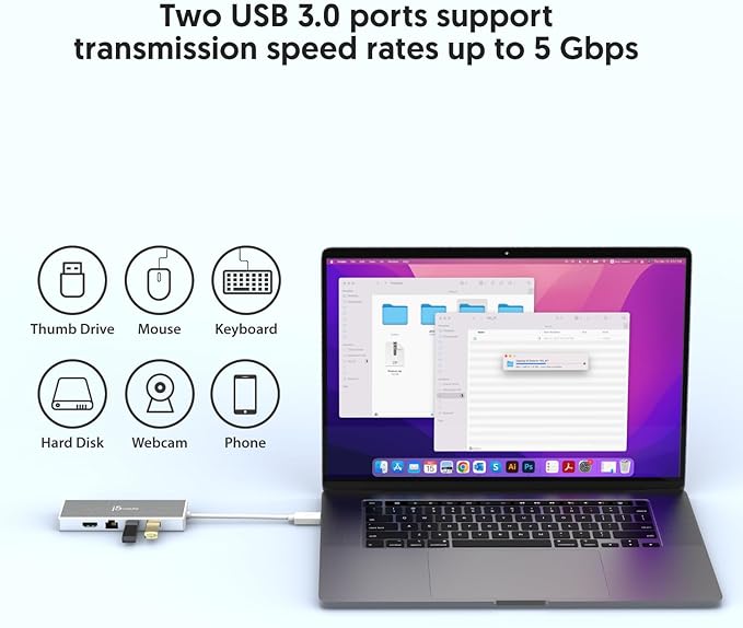 j5create USB 3.0 Hub with HDMI VGA RJ45 Gigabit Ethernet 2 USB 3.1 Type-A Ports - High Speed Data Transfer Adapter for Mac Windows Desktop PC - Supports Up to 2K Resolution (JUD380)