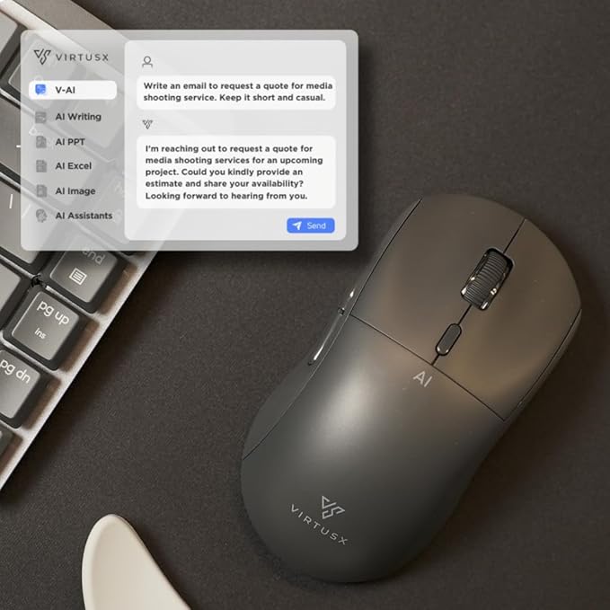 Virtusx Jethro AI Mouse - Voice &amp Audio Recorder for Lecture &amp Meeting Centralized Software with Voice Typing Writing Tools Transcribe Translate &amp Summarize Wireless Mouse for Compute