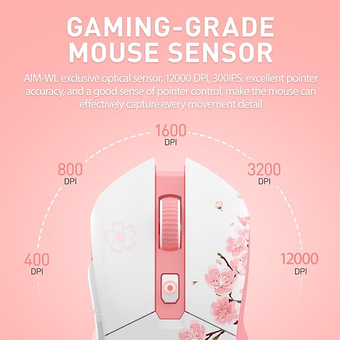 DAREU Sakura Pink Wireless Gaming Mouse with Charging Dock Rechargeable RGB12K DPI6 Programmable Buttons High-Precision Sensor [300IPS] [1000Hz] for PC Notebook Mac