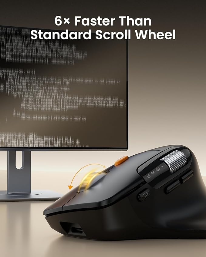 ProtoArc Ergonomic Bluetooth Mouse EM25 USB Wireless Mouse Fast Scrolling &amp Thumb Scroll Wheel Buttons Customizations 8000 DPI Quiet Rechargeable Compatible with Windows/Mac/Android Black