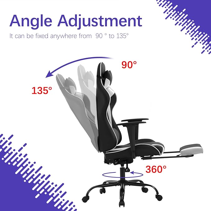 Gaming Chair Ergonomic Computer Racing Style Office Chair Adjustable High Back Gamer Chair for Home Office with Footrest Headrest Lumbar SupportWhite